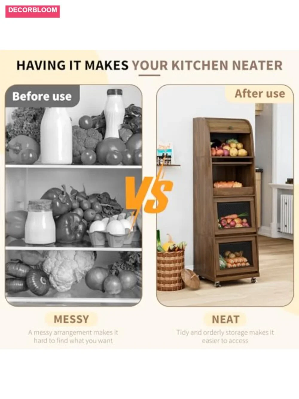 MDF Potato Onion Storage Bin Wheeled Kitchen Pantry Basket